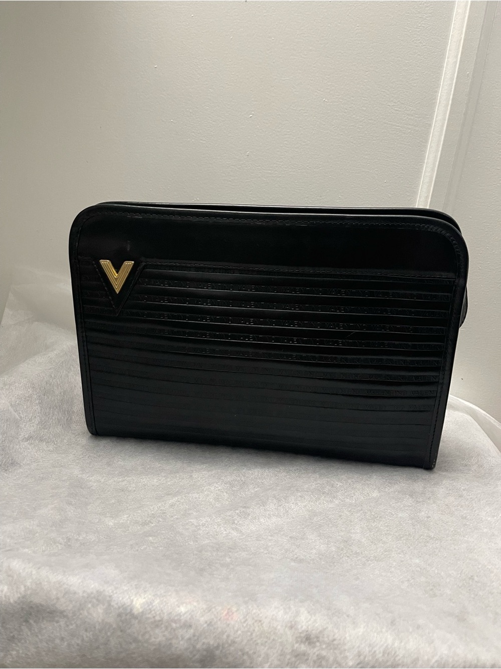 Valentino Black Quilted Leather Clutch with Gold V Logo